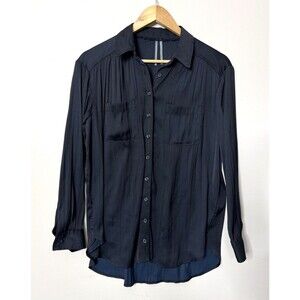 Anthropologie Shirt Womens XS Black Long Sleeve Button Front Satin Blouse Top